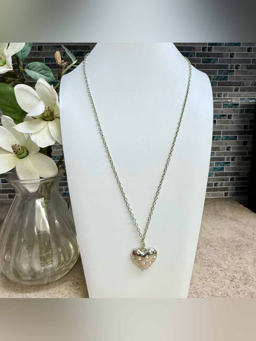 J Crew Pave Puffy Heart Pendant Necklace Gold Tone Embedded Clear Crystals